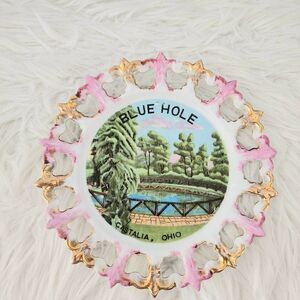 Vintage Blue Hole Castalia Ohio plate Gold Trim 8" Pierced lace souvenir
